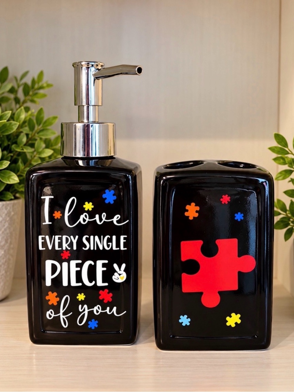 Puzzle Piece Soap Dispenser Toothbrush Holder/Makeup Brush Organizer